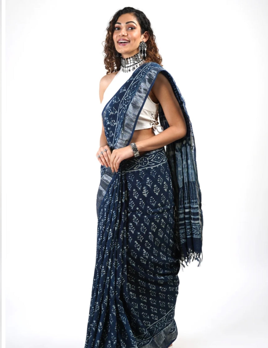Indigo Handblock Print Cotton Saree – A Blend of Tradition & Elegance