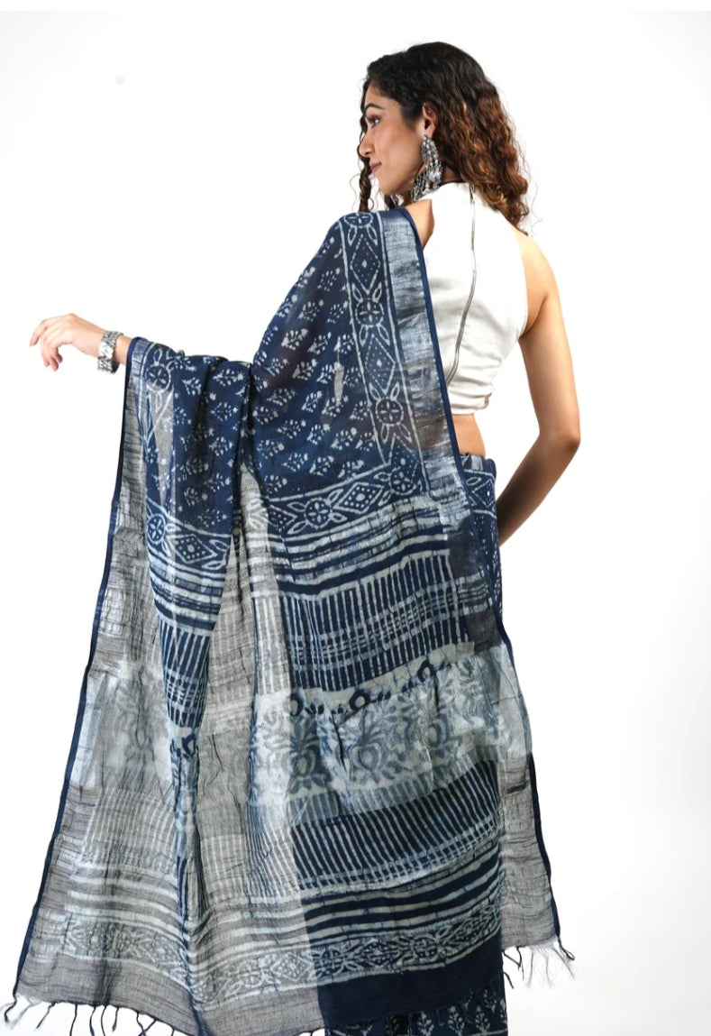 Indigo Handblock Print Cotton Saree – A Blend of Tradition & Elegance
