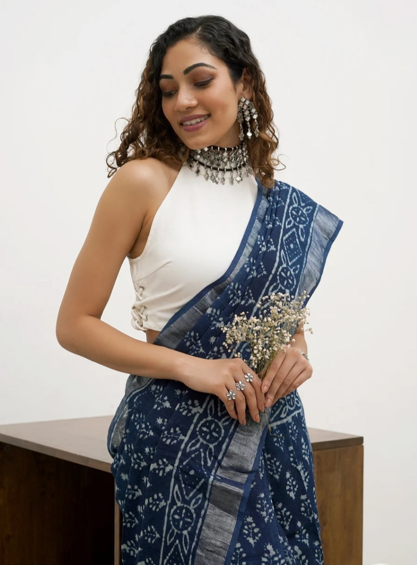 Indigo Handblock Print Cotton Saree – A Blend of Tradition & Elegance