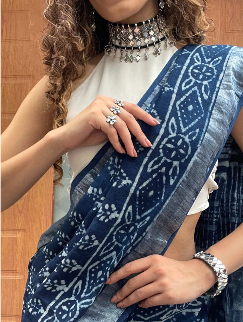 Indigo Handblock Print Cotton Saree – A Blend of Tradition & Elegance