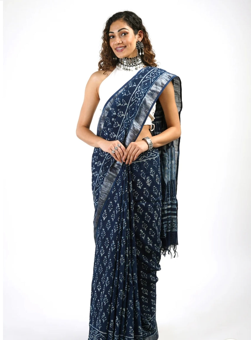 Indigo Handblock Print Cotton Saree – A Blend of Tradition & Elegance