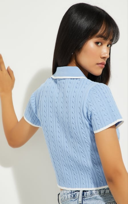 Giggle Haus – Braided Knit Johnny Collar Crop T-shirt!