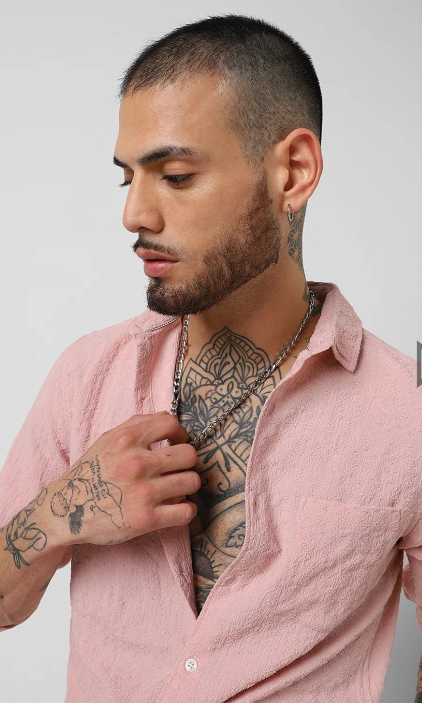 Pastel Rose Mash Wrinkled Jacquard Shirt - Mens