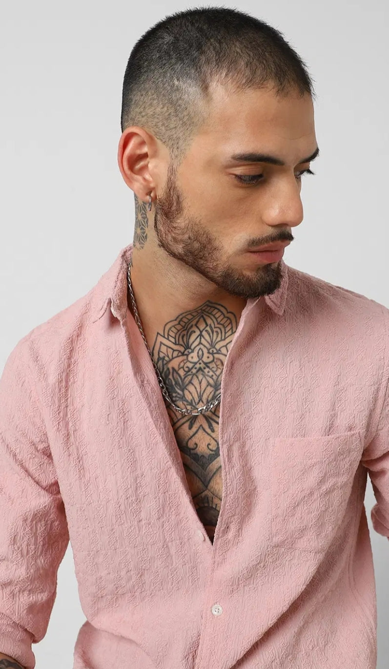 Pastel Rose Mash Wrinkled Jacquard Shirt - Mens