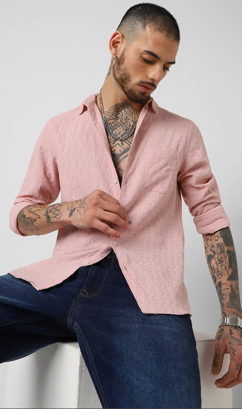 Pastel Rose Mash Wrinkled Jacquard Shirt - Mens