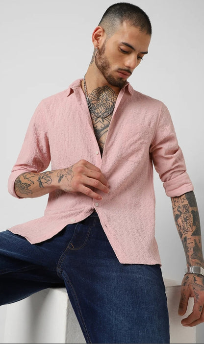 Pastel Rose Mash Wrinkled Jacquard Shirt - Mens