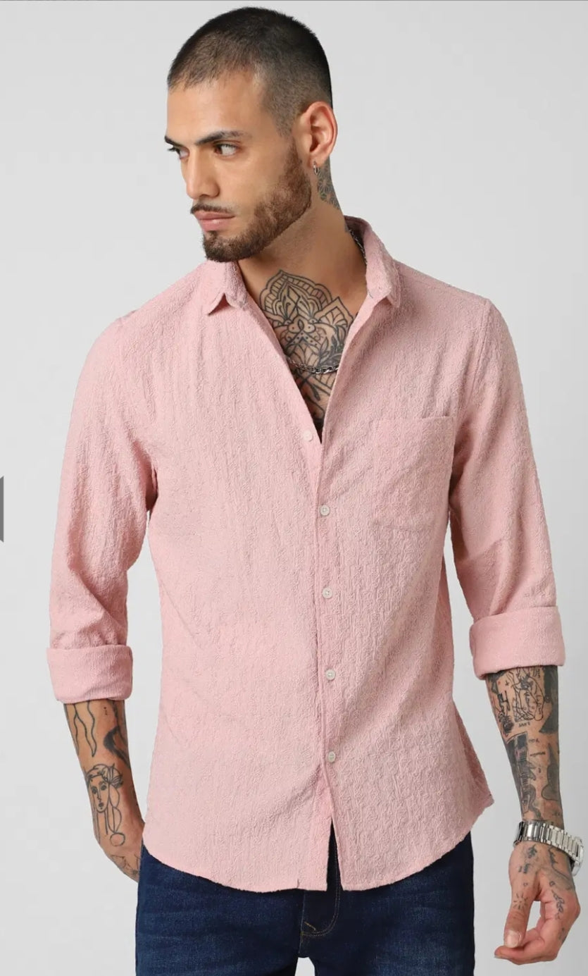 Pastel Rose Mash Wrinkled Jacquard Shirt - Mens