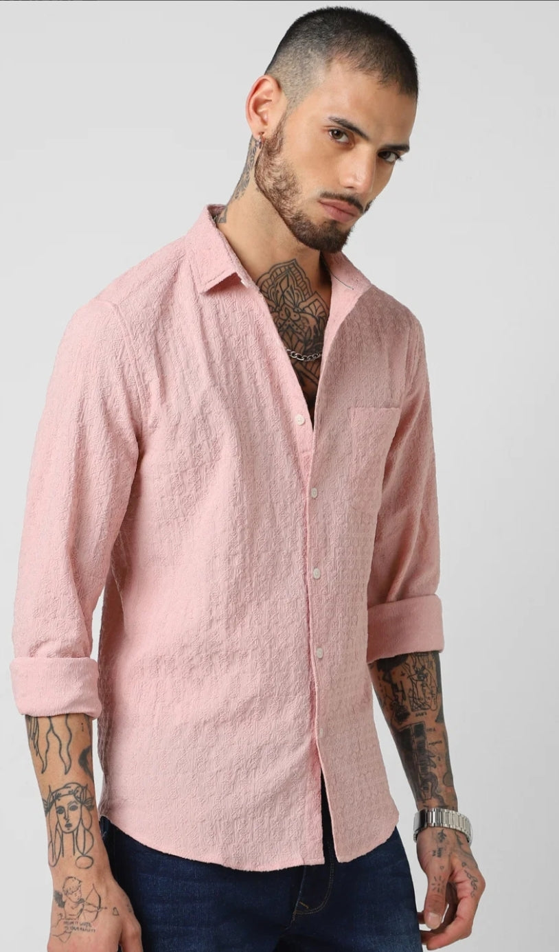 Pastel Rose Mash Wrinkled Jacquard Shirt - Mens