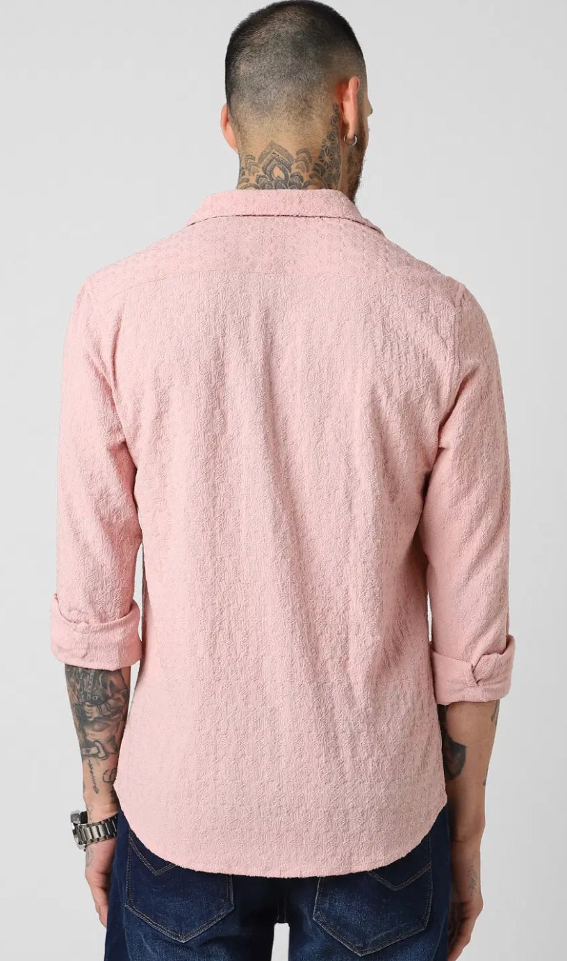 Pastel Rose Mash Wrinkled Jacquard Shirt - Mens