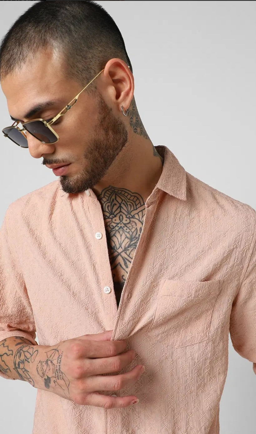 Pastel Rose Mash Wrinkled Jacquard Shirt - Mens