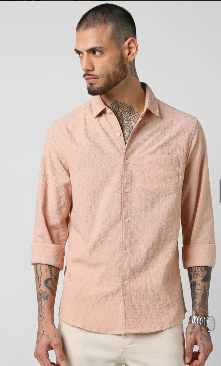 Pastel Rose Mash Wrinkled Jacquard Shirt - Mens