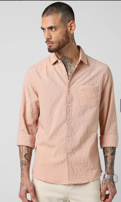 Pastel Rose Mash Wrinkled Jacquard Shirt - Mens