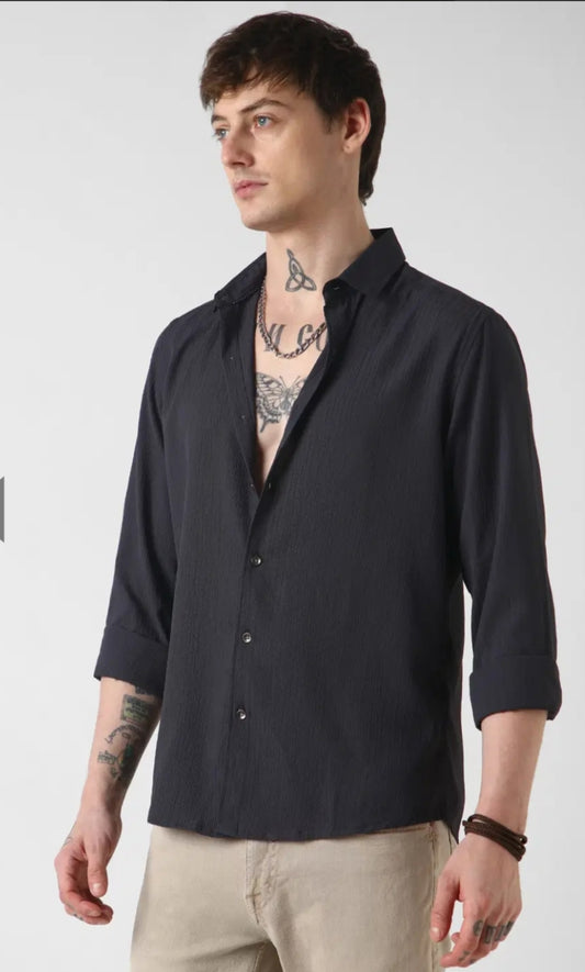 Classic Black Wrinkled Jacquard Shirt- Mens