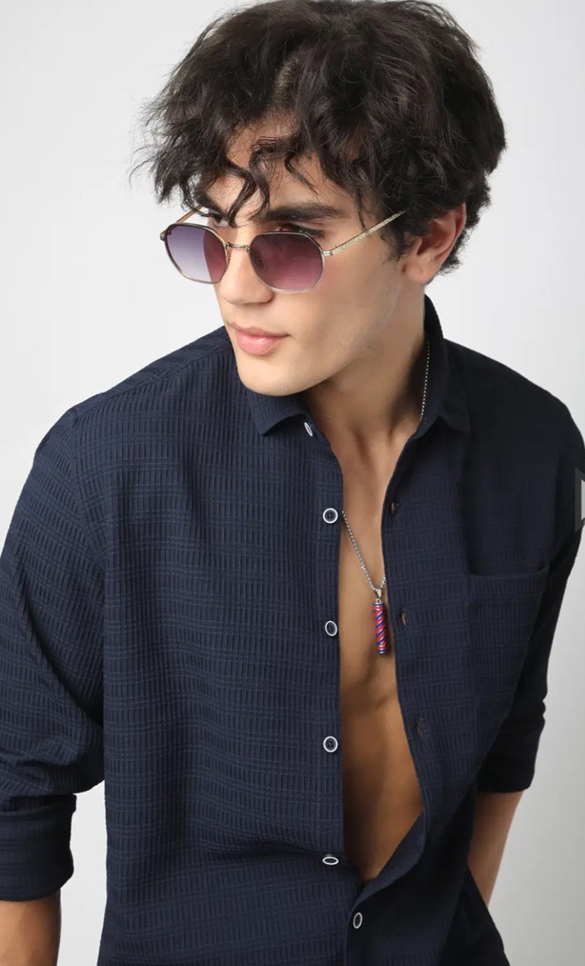 Navy Blue Textured Shirt- Mens wear