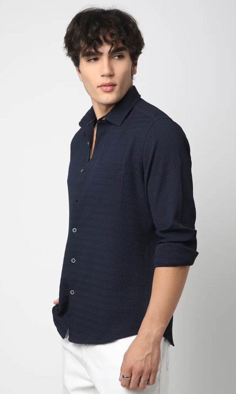 Navy Blue Textured Shirt- Mens wear
