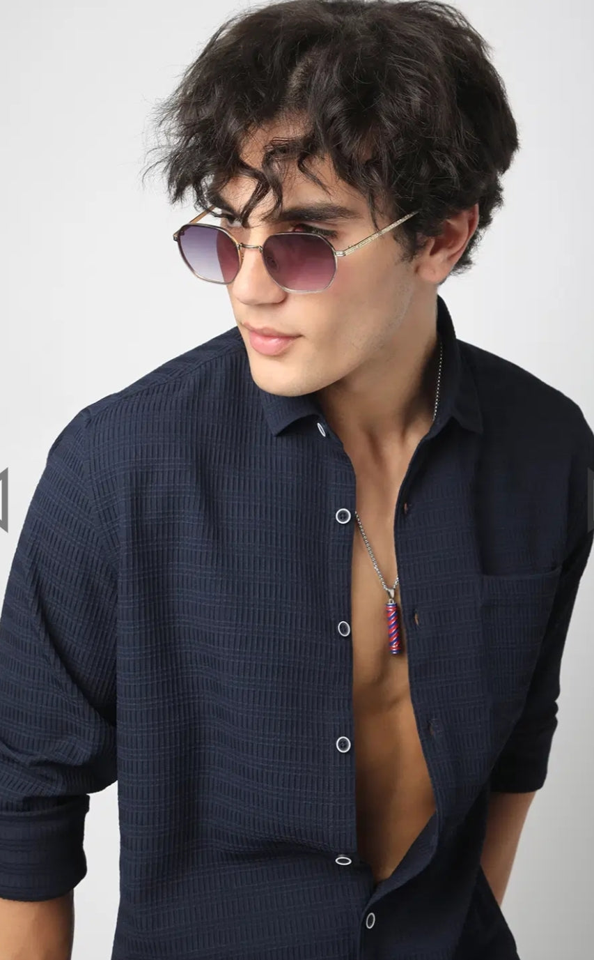 Navy Blue Textured Shirt- Mens wear