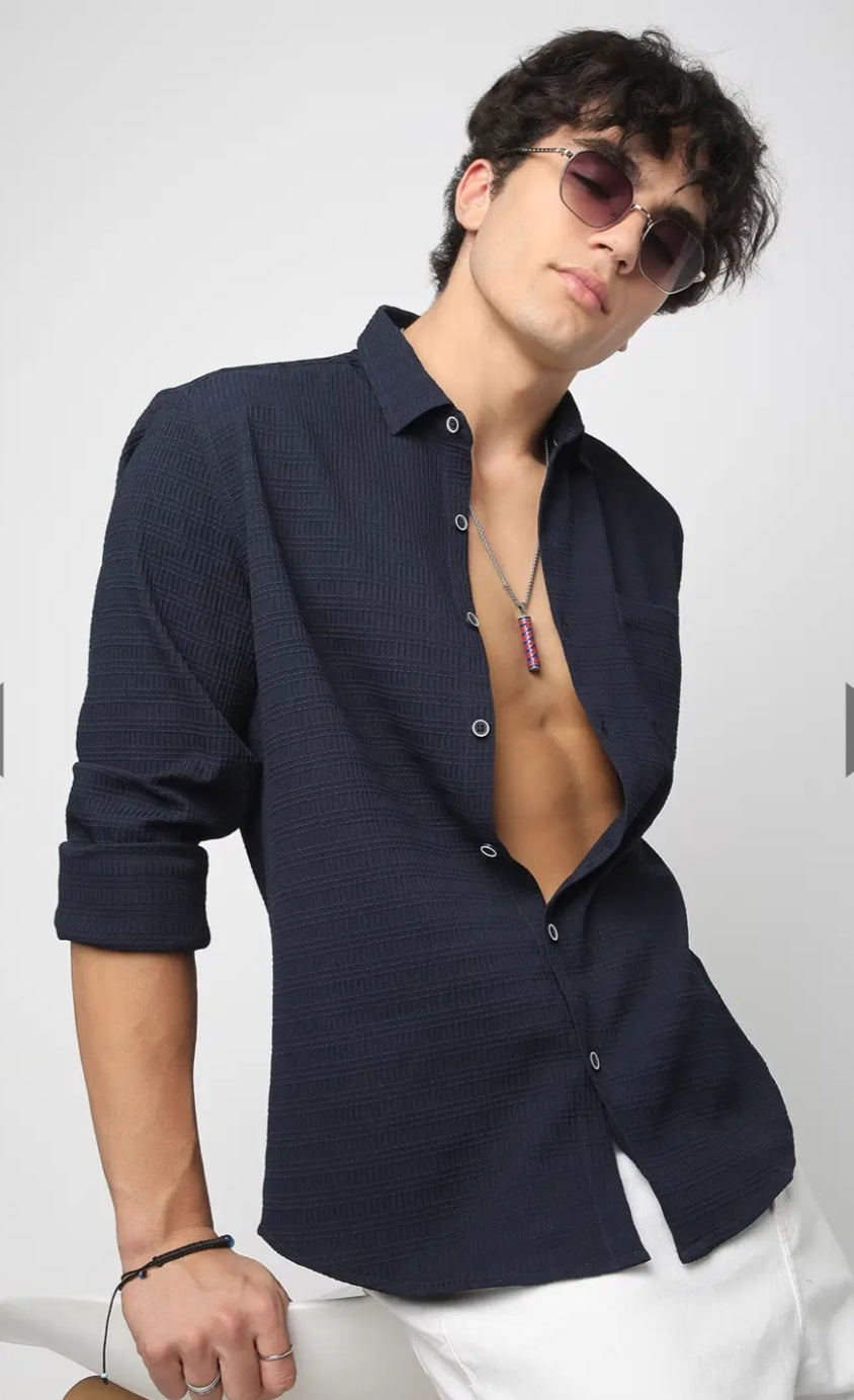 Navy Blue Textured Shirt- Mens wear
