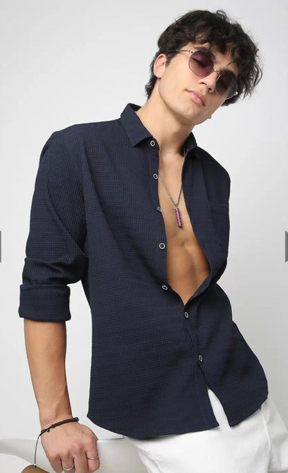 Navy Blue Textured Shirt- Mens wear