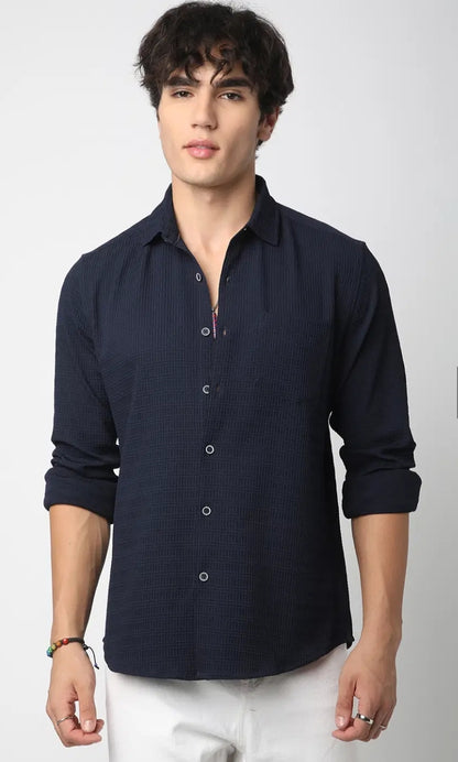 Navy Blue Textured Shirt- Mens wear