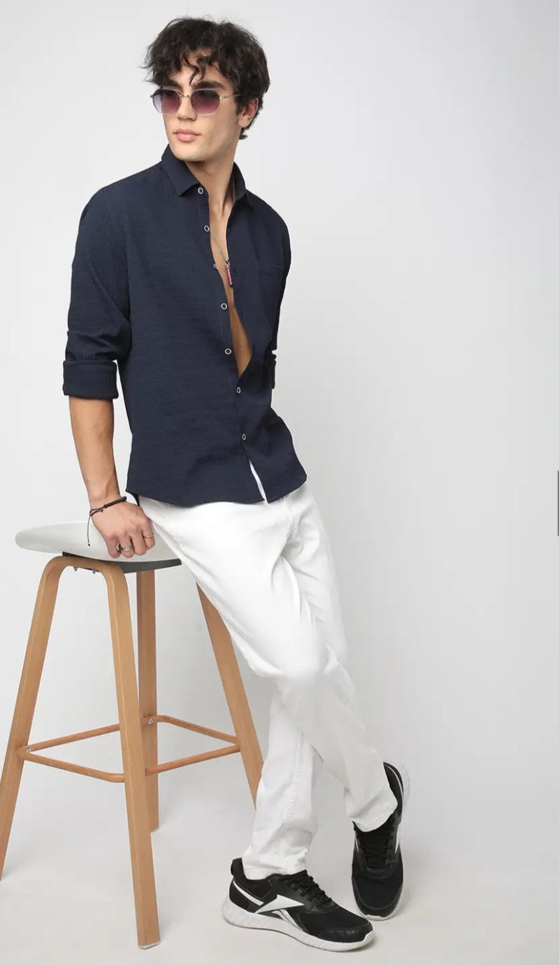 Navy Blue Textured Shirt- Mens wear