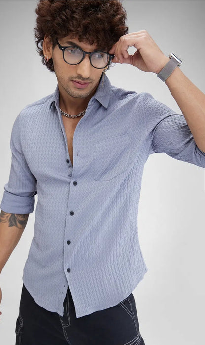 Textured Blue Cotton Shirt- casual shirt -mens wear