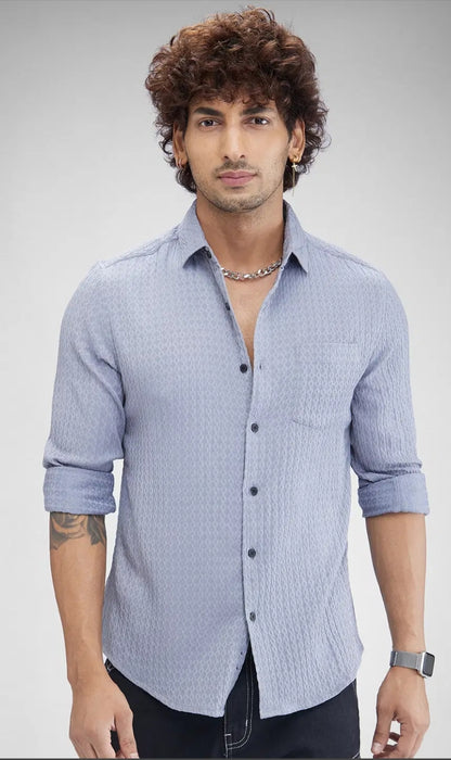 Textured Blue Cotton Shirt- casual shirt -mens wear