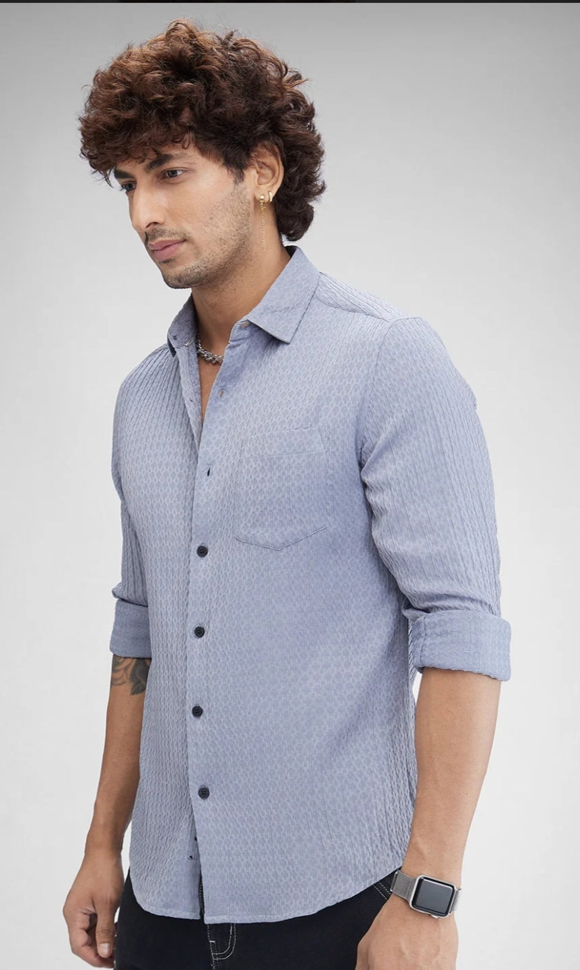 Textured Blue Cotton Shirt- casual shirt -mens wear