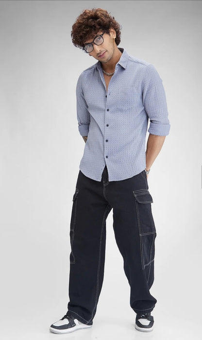 Textured Blue Cotton Shirt- casual shirt -mens wear