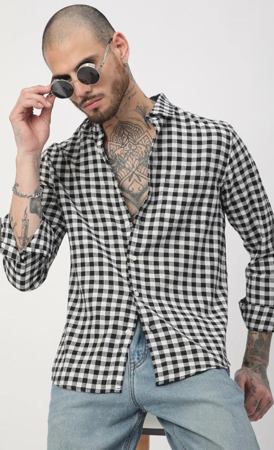 Black & White Checkered Cotton Shirt - mens casual checked