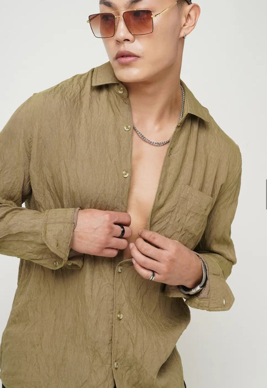 Giggle Haus Earth-Tone Crinkle Shirt – Effortless Texture, Timeless Appeal