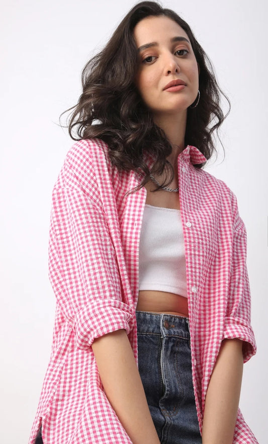 Giggle Haus Pink Gingham Oversized Shirt – Effortlessly Chic & Playful