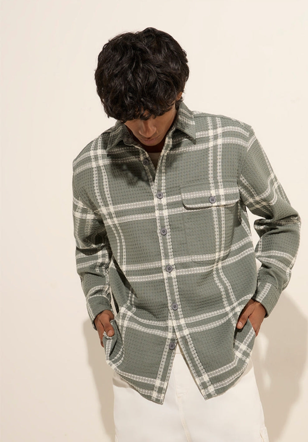 Nuon Sage Waffle-Textured Relaxed-Fit mens wear Cotton Shirt.