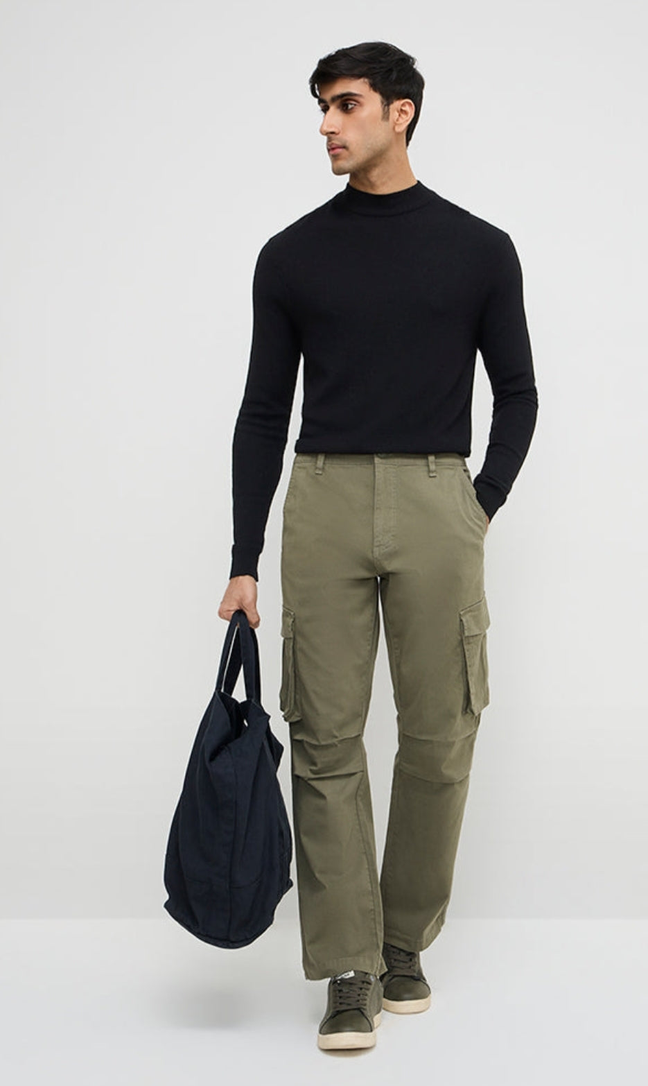 #Gig Casuals mens Olive Cargo-Style Relaxed-Fit Mid-Rise Cotton-Blend Chinos