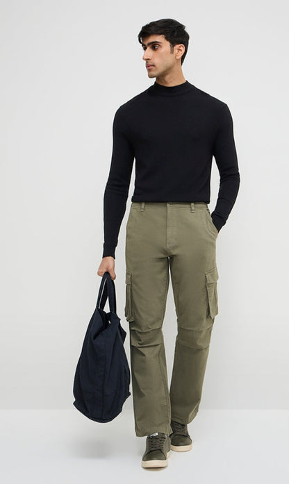 #Gig Casuals mens Olive Cargo-Style Relaxed-Fit Mid-Rise Cotton-Blend Chinos