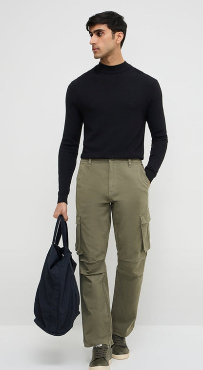 #Gig Casuals mens Olive Cargo-Style Relaxed-Fit Mid-Rise Cotton-Blend Chinos
