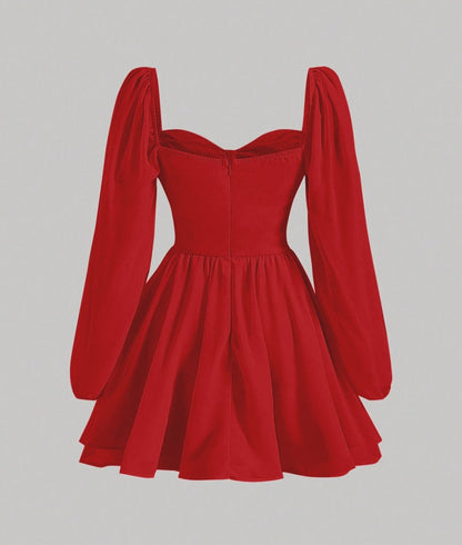 Red Elegance Puff Sleeve Dress #valentinae